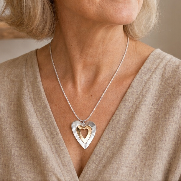 Lustrous Silver Gold Heart Necklace
