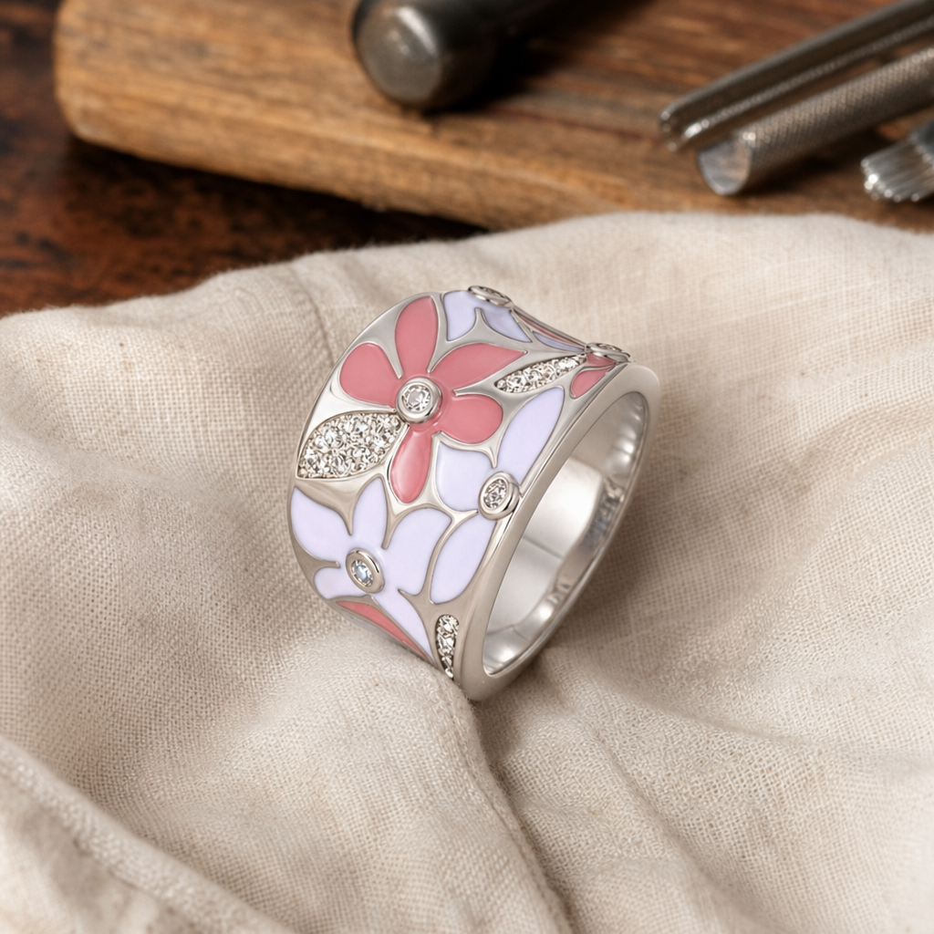 Refined Pink Flower Silver Ring
