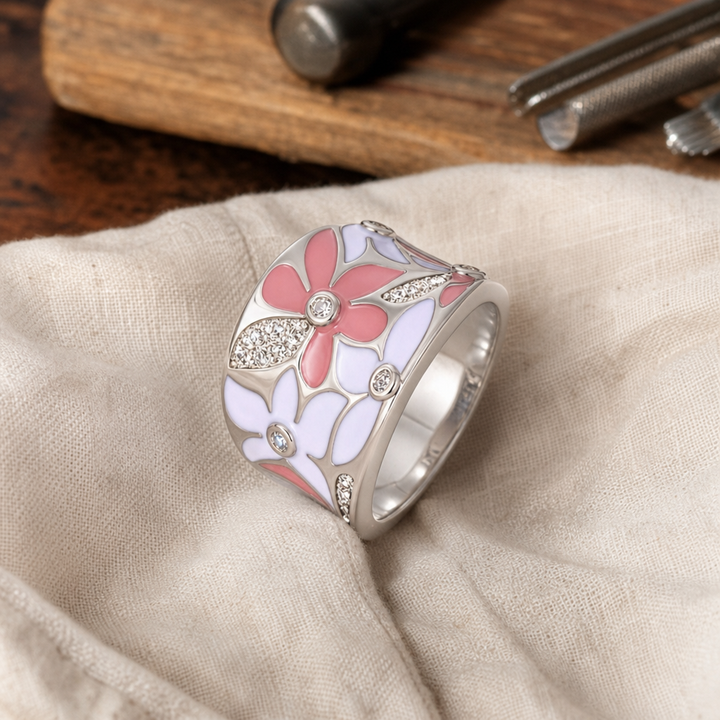 Refined Pink Flower Silver Ring