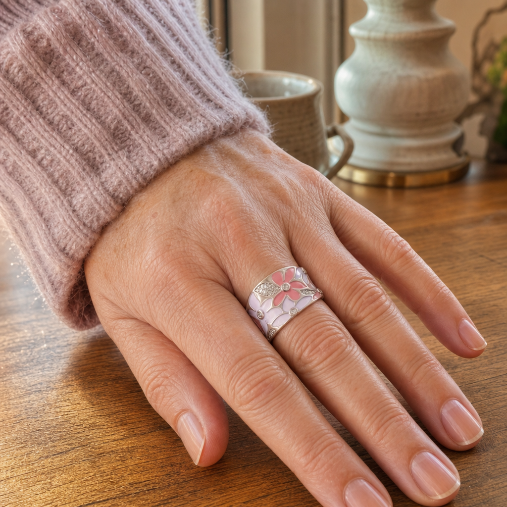 Refined Pink Flower Silver Ring