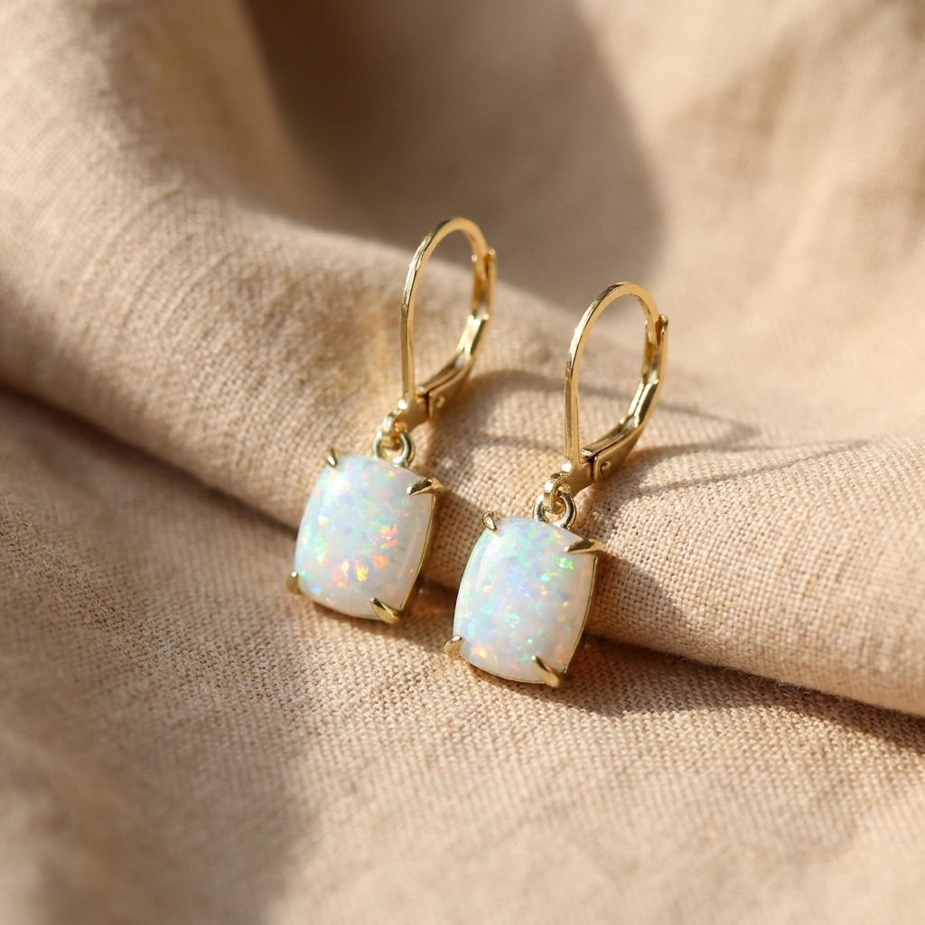 Classic Square White Opal Earrings