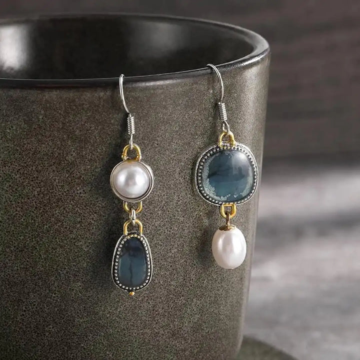 Retro Blue Gem Pearl Earrings