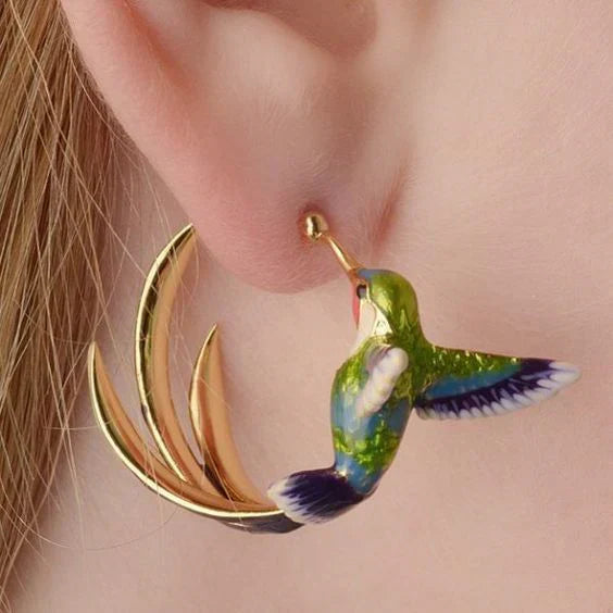 Retro Enamel Hummingbird Hoop Earrings