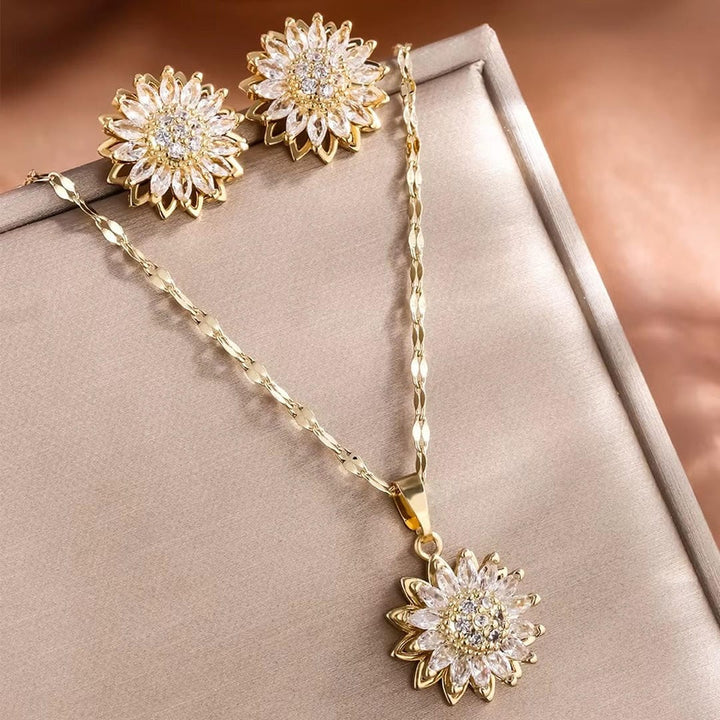 Chic Silver Sunflower Zircon Jewelry Set: Necklace and Earrings